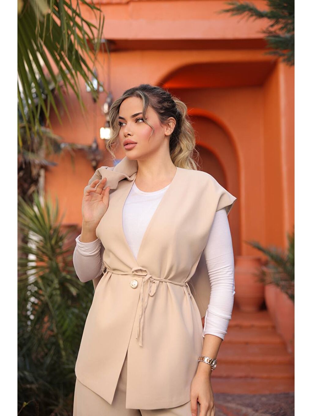 Bej Kadın Uzun Yelek Bol Paça Palazzo Pantolon Yelekli Takım-4