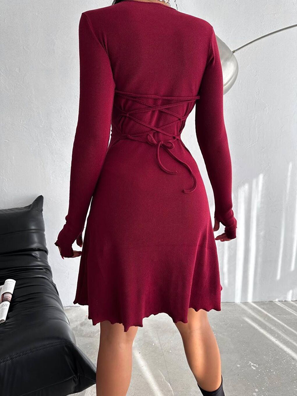 Bordo Sırt Detay Kaşkorse Elbise-1