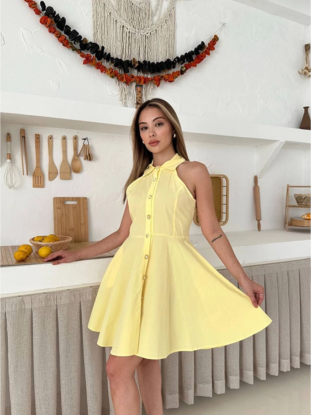 Önden Düğmeli Tasarım Elbise Sarı-3