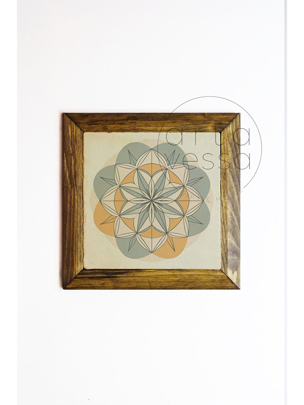 Beyaz Masif Ahşap Çerçeveli Taş Tablo Pano 26 x 26 cm - Yaşam Çiçeği 2 - 16 x 16-1