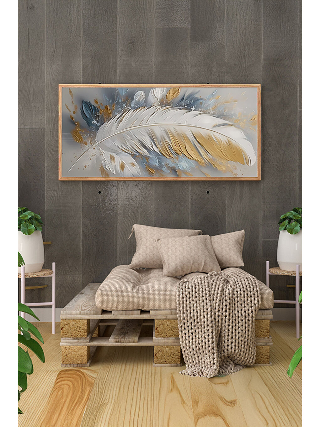 Beyaz Tek Parça Gerçek Ham Ahşap Yatay Panorama Çerçeveli Tablo - Model 29 - 33 x 70