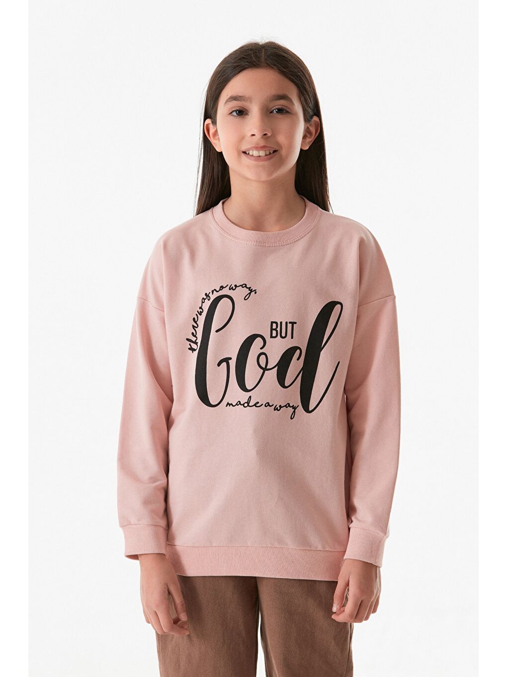 Fullamoda Pembe Yazı Baskılı Bisiklet Yaka Kız Çocuk Sweatshirt