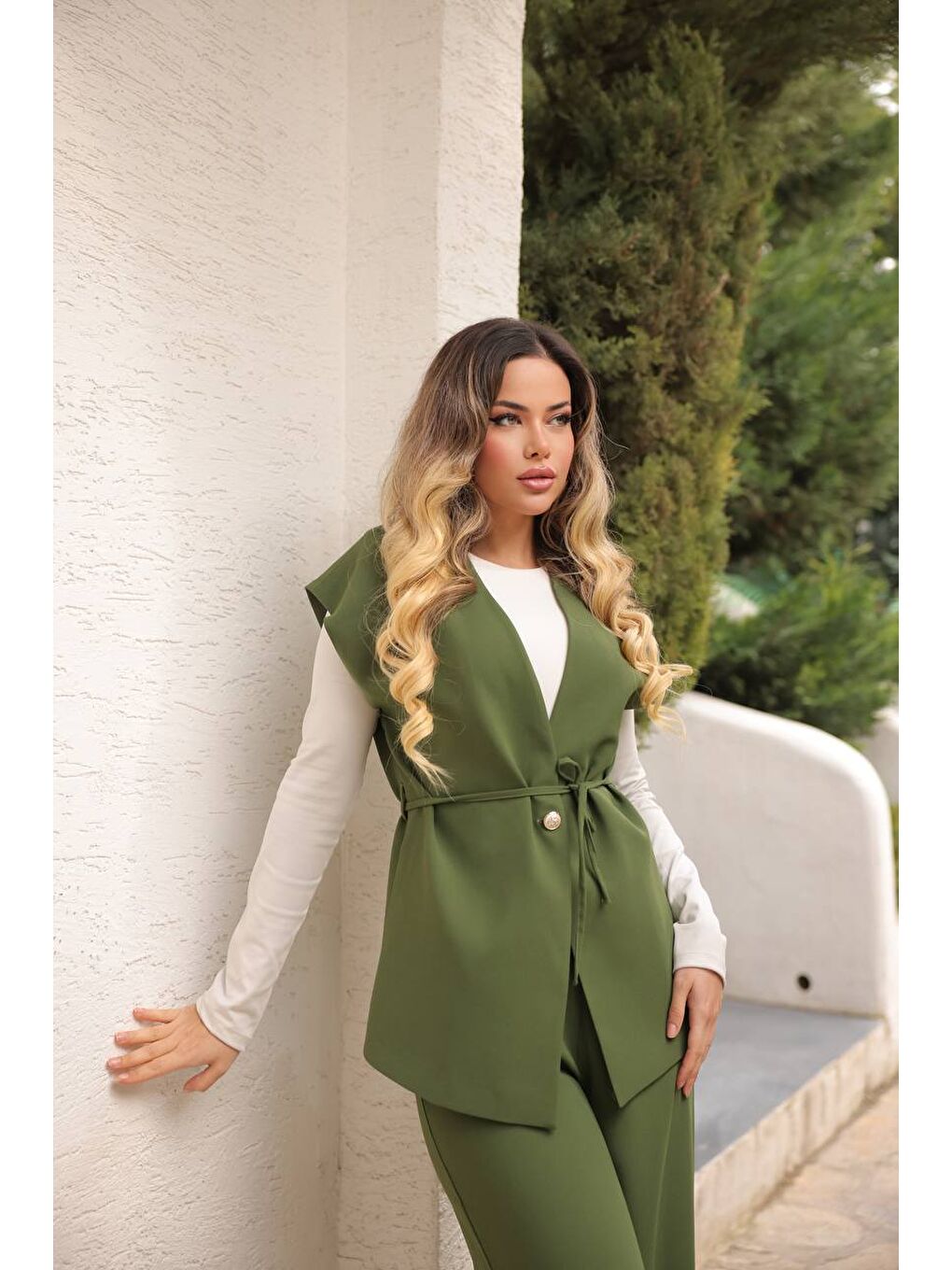 Yeşil Kadın Uzun Yelek Bol Paça Palazzo Pantolon Yelekli Takım-1