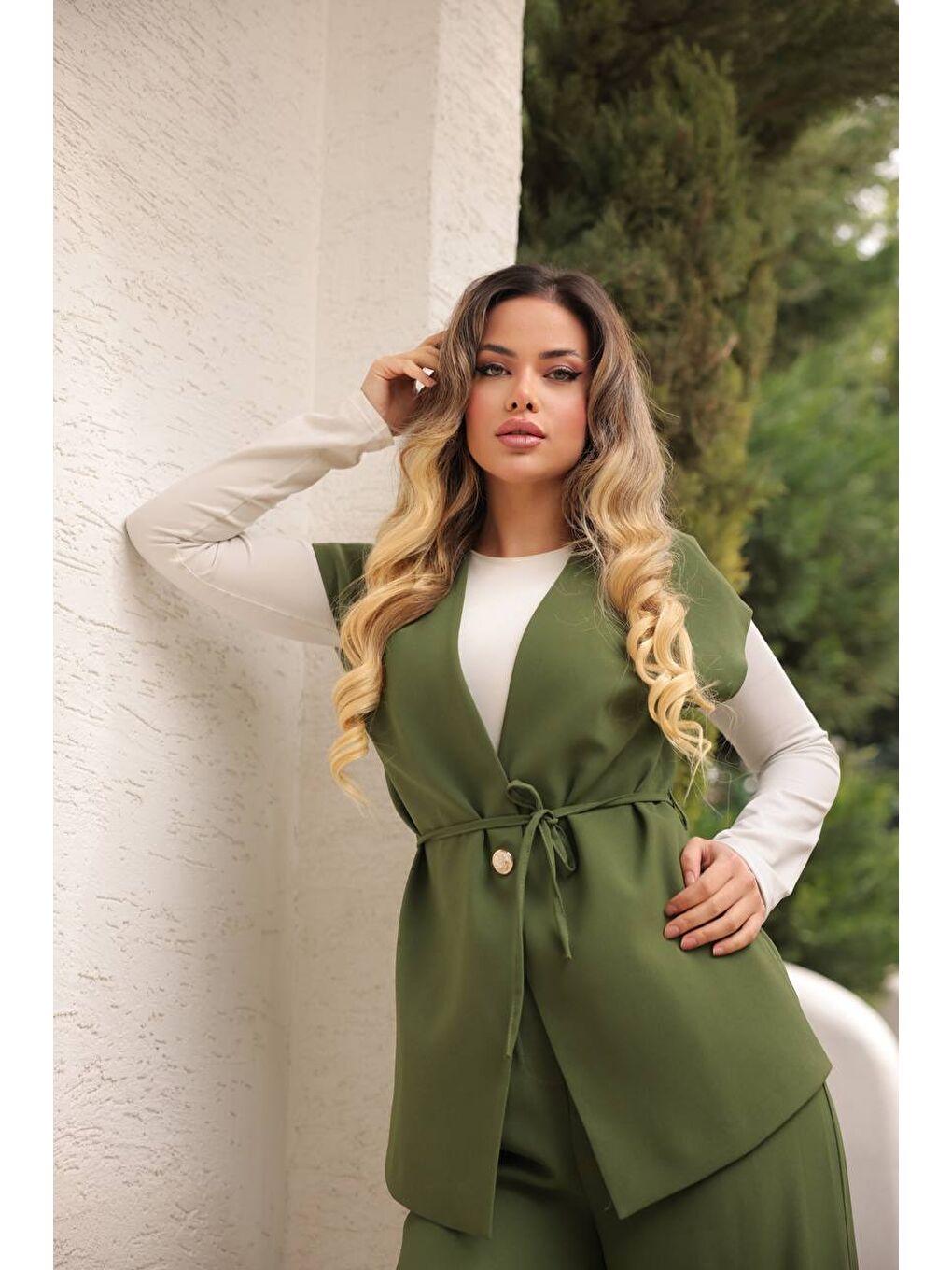 Yeşil Kadın Uzun Yelek Bol Paça Palazzo Pantolon Yelekli Takım-3