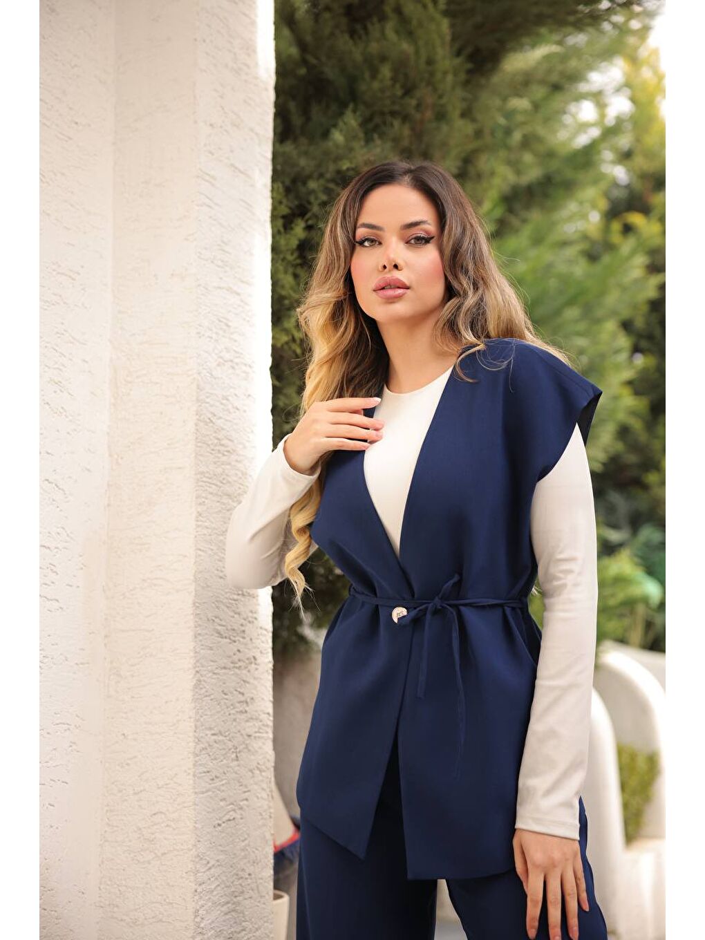 Lacivert Kadın Uzun Yelek Bol Paça Palazzo Pantolon Yelekli Takım