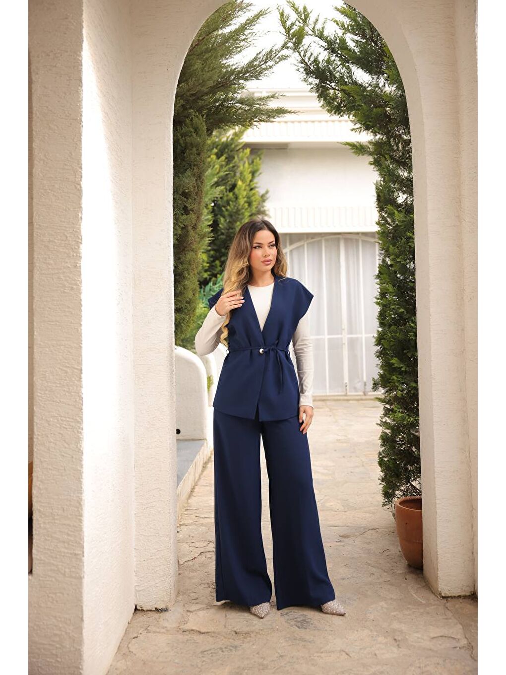 Lacivert Kadın Uzun Yelek Bol Paça Palazzo Pantolon Yelekli Takım-1