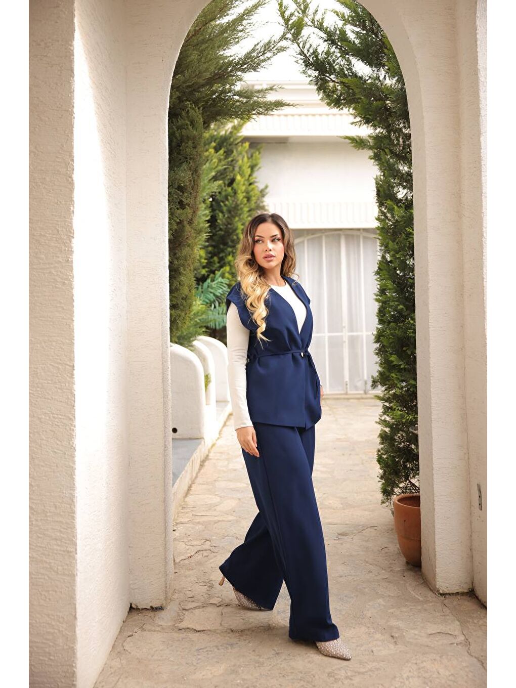 Lacivert Kadın Uzun Yelek Bol Paça Palazzo Pantolon Yelekli Takım-3