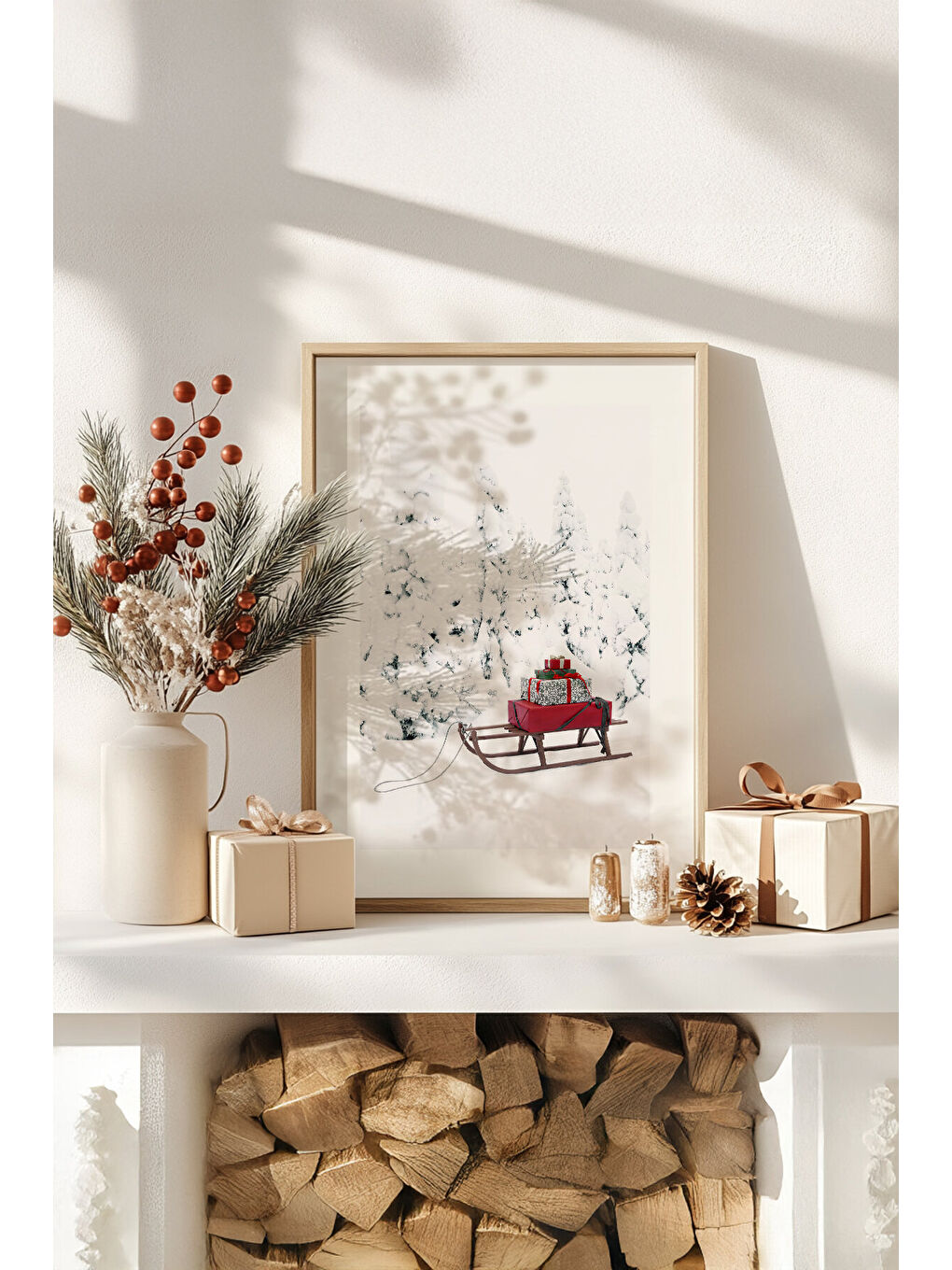 Beyaz Tek Parça Gerçek Ham Ahşap Çerçeveli Yılbaşı(New Year) Temalı Tablo - Model 72 - NWYEARSNGMDL72-3348