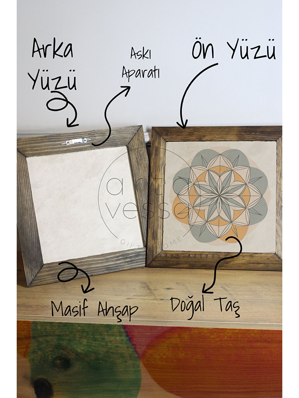 Beyaz Masif Ahşap Çerçeveli Taş Tablo Pano 26 x 26 cm - Yaşam Çiçeği 2 - 16 x 16-2