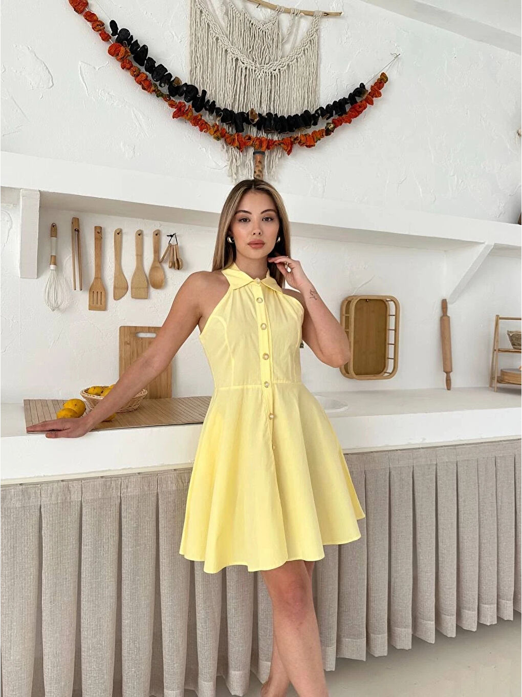 Önden Düğmeli Tasarım Elbise Sarı-4
