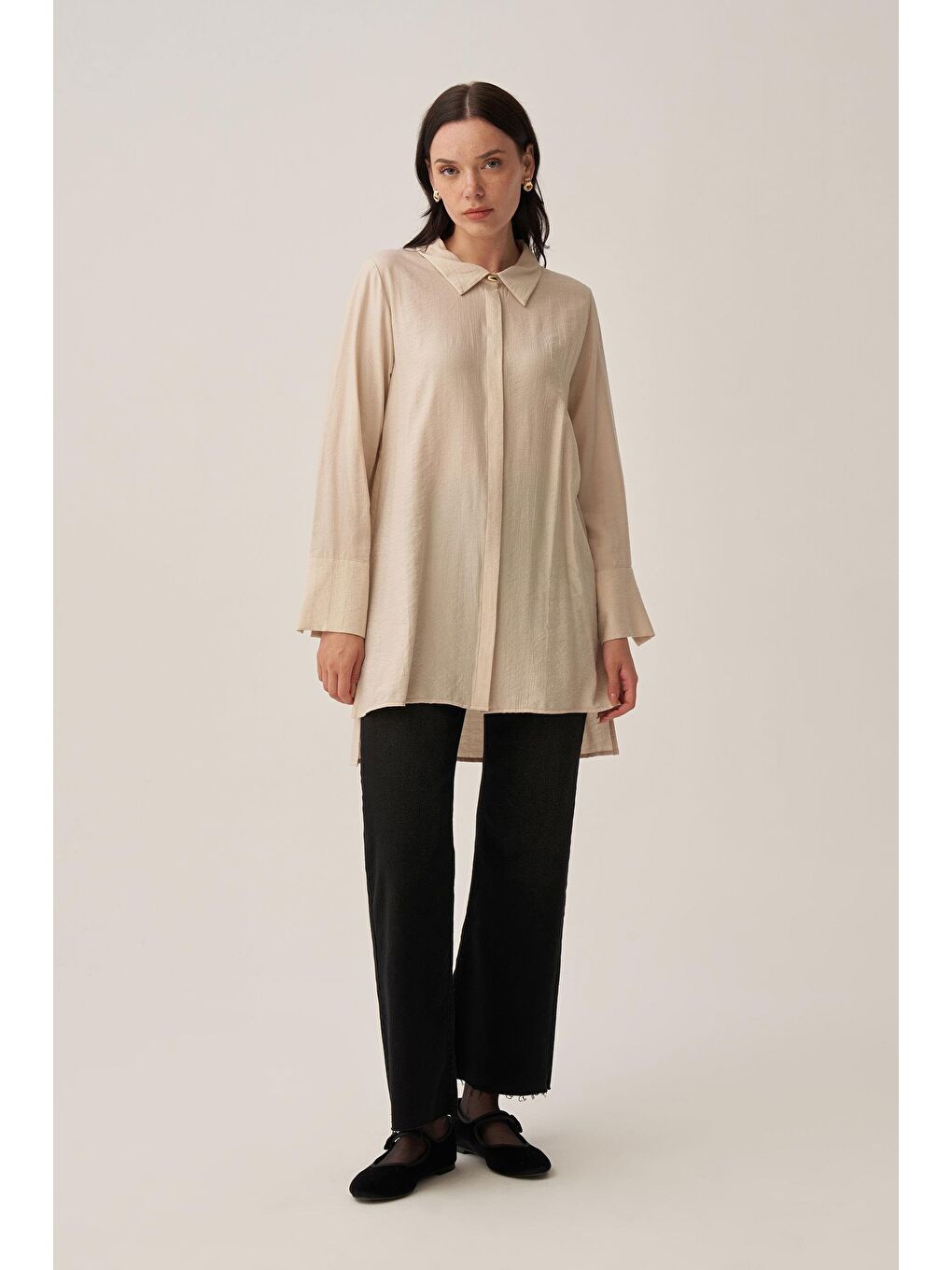 Beyaz Taş-Kırışık Efektli Poplin Gömlek