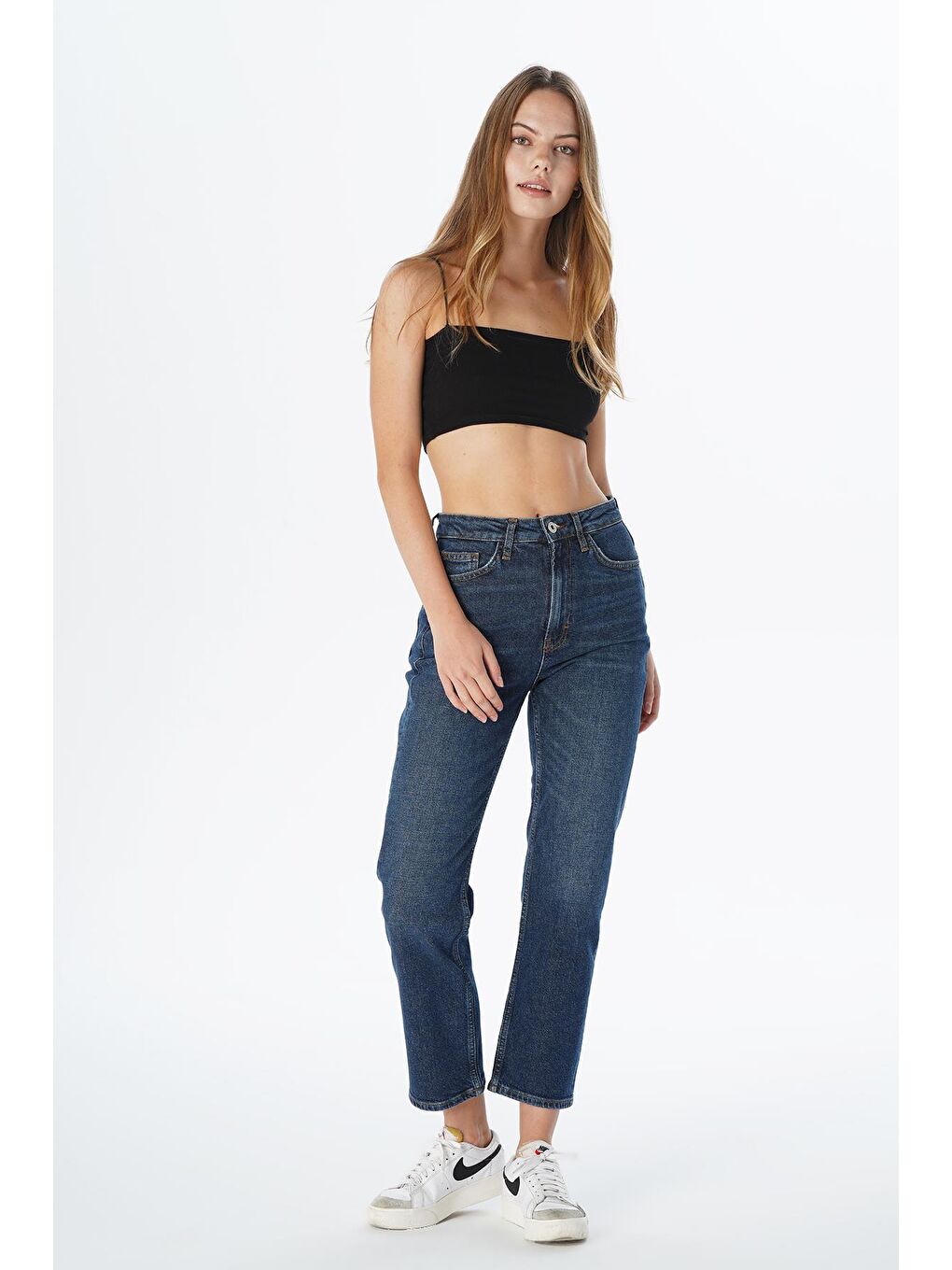 CROSS JEANS Koyu Mavi Elıza Cropped Koyu Mavi Straight Fit Fermuarlı Jean Pantolon C 4518-075