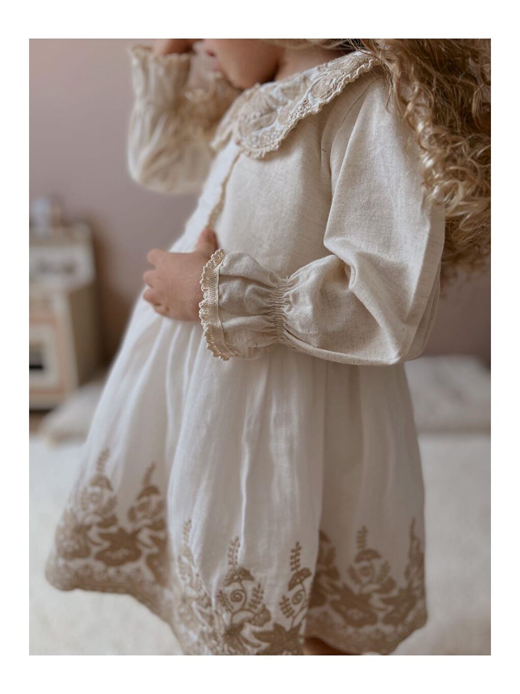 Karışık Kız Çocu Ekru Çiçek İşlemeli Astarlı Bebe Yaka Vintage Elbise-2