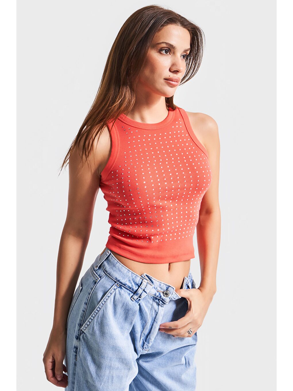 Turuncu Kadın Yavruağzı Renk S5-113 Halter Yaka İnce Fitilli Kumaş Parlak Taşlı Tasarım Body