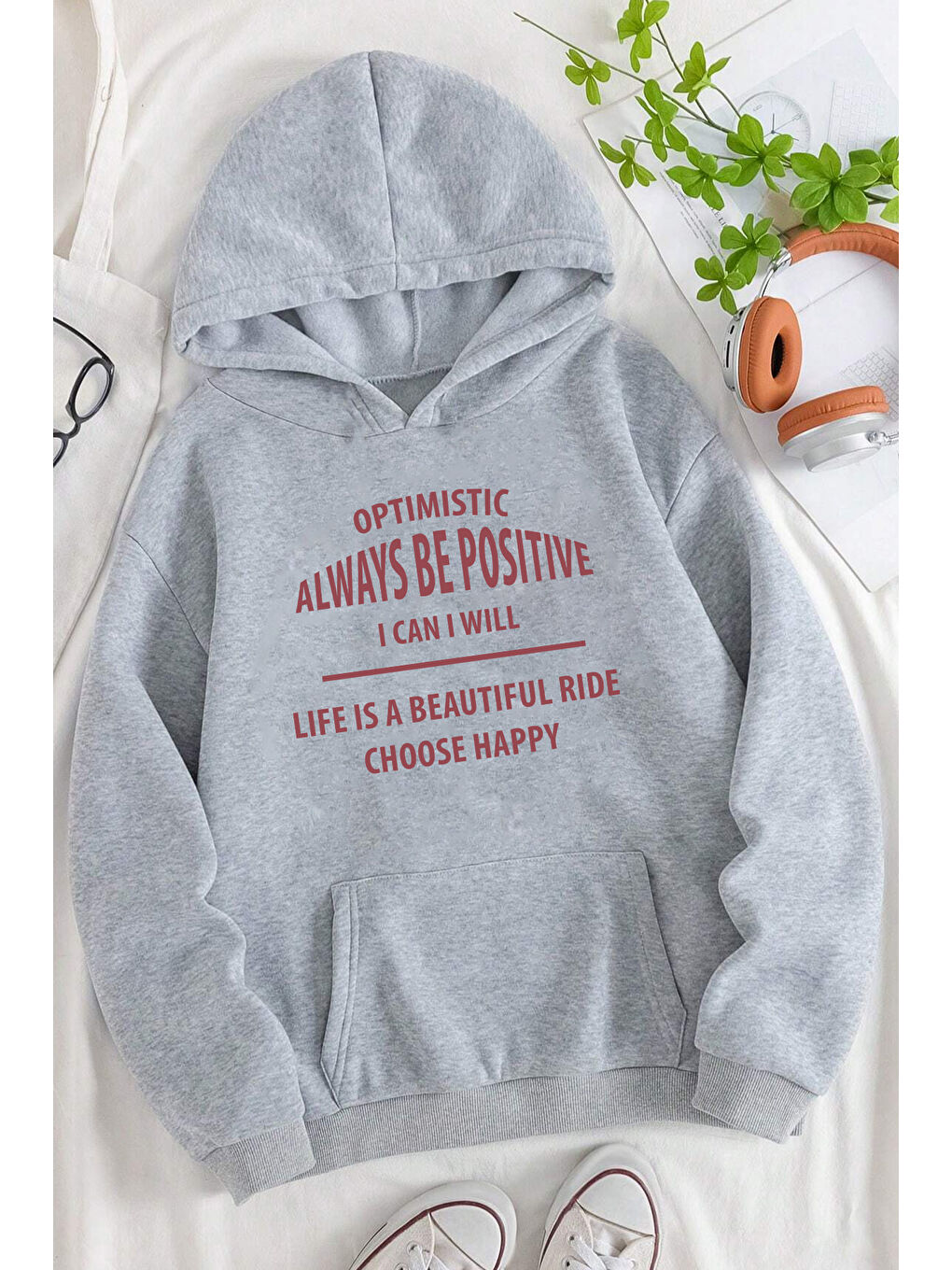 uyguntarz Gri Unisex Always Be Positive Baskılı Sweatshirt