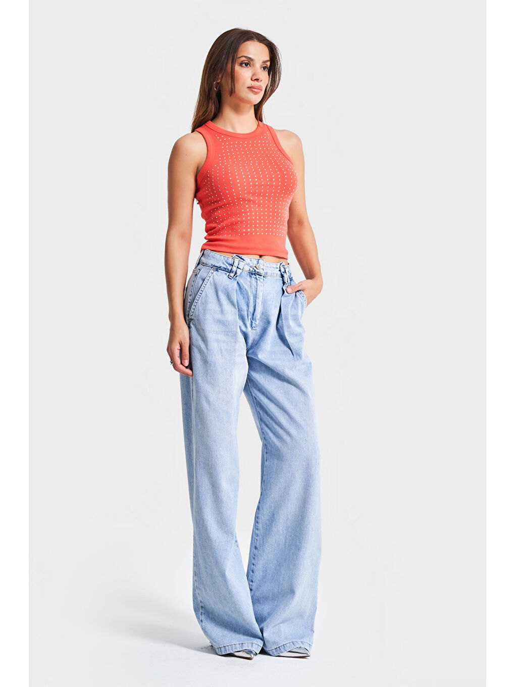 Turuncu Kadın Yavruağzı Renk S5-113 Halter Yaka İnce Fitilli Kumaş Parlak Taşlı Tasarım Body-3