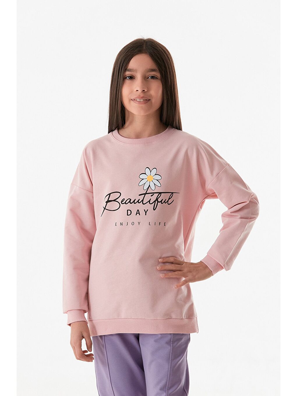 Fullamoda Pembe Yazı Baskılı Bisiklet Yaka Kız Çocuk Sweatshirt