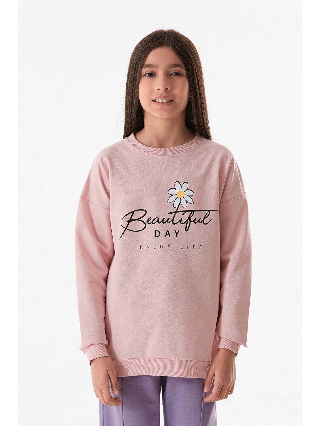 Fullamoda Pembe Yazı Baskılı Bisiklet Yaka Kız Çocuk Sweatshirt - 1