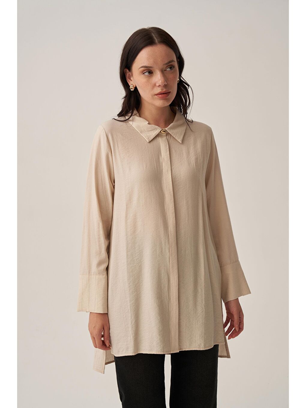 Beyaz Taş-Kırışık Efektli Poplin Gömlek-3