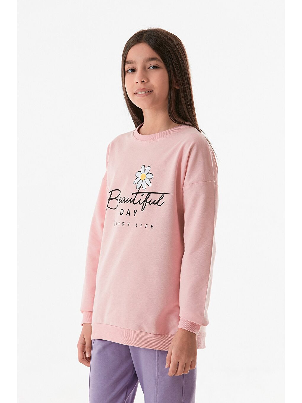 Fullamoda Pembe Yazı Baskılı Bisiklet Yaka Kız Çocuk Sweatshirt - 2