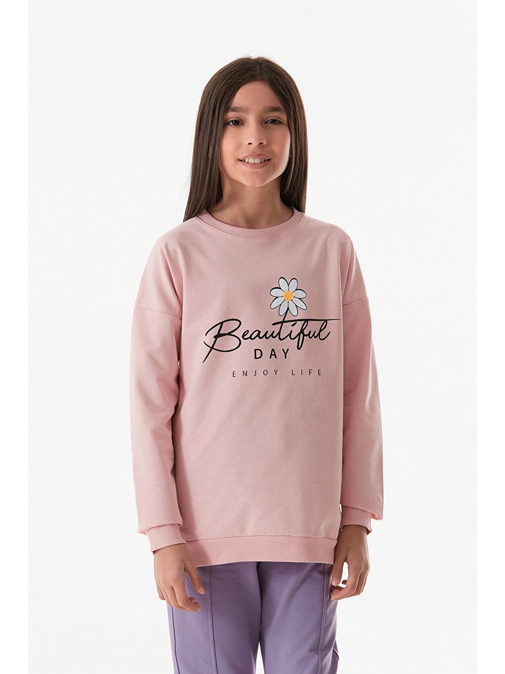 Fullamoda Pembe Yazı Baskılı Bisiklet Yaka Kız Çocuk Sweatshirt - 4