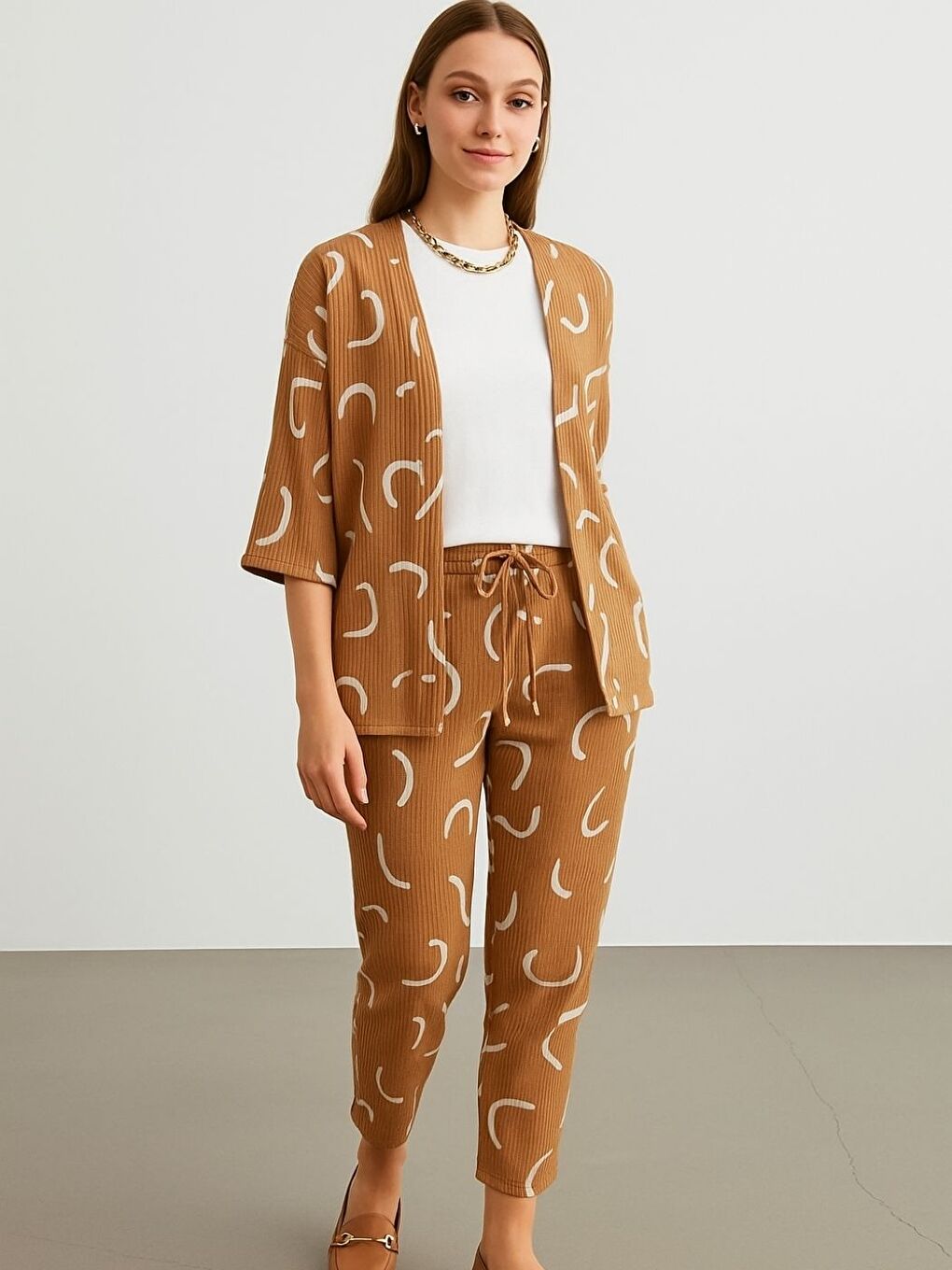 Kahverengi Kadın Camel Desenli Kimono Gömlek Pantolon Takım