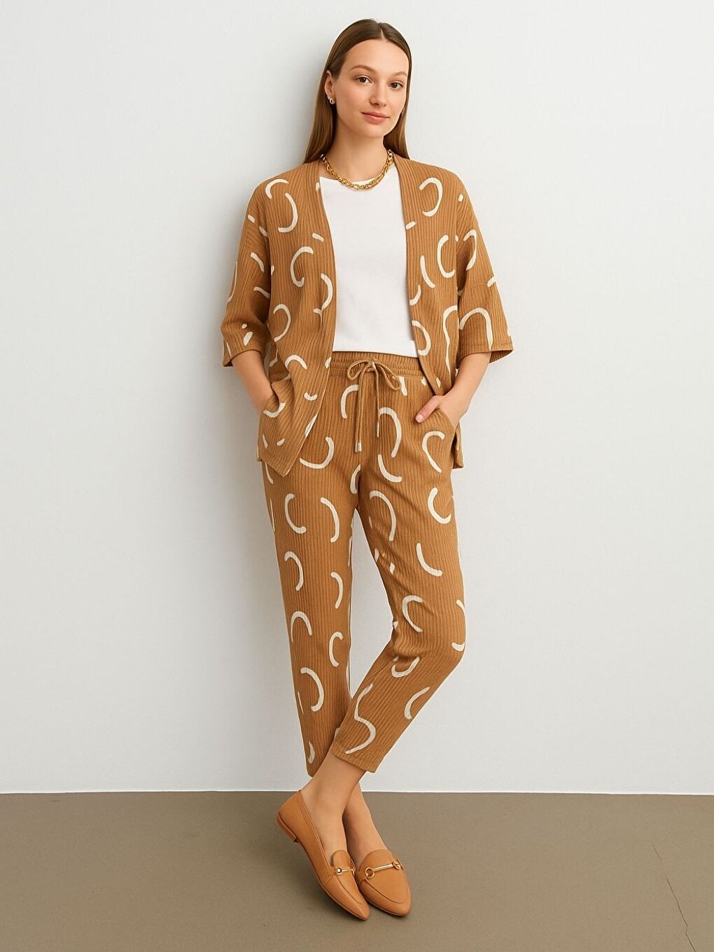 Kahverengi Kadın Camel Desenli Kimono Gömlek Pantolon Takım-1