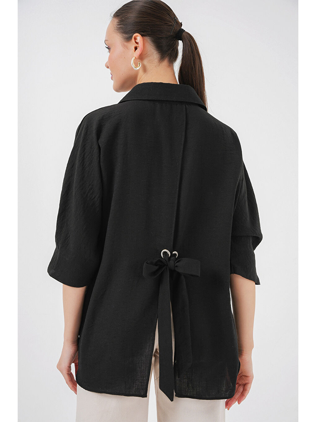 Kadın Bağlama Detaylı Ayrobin Gömlek 20290 - Siyah-1