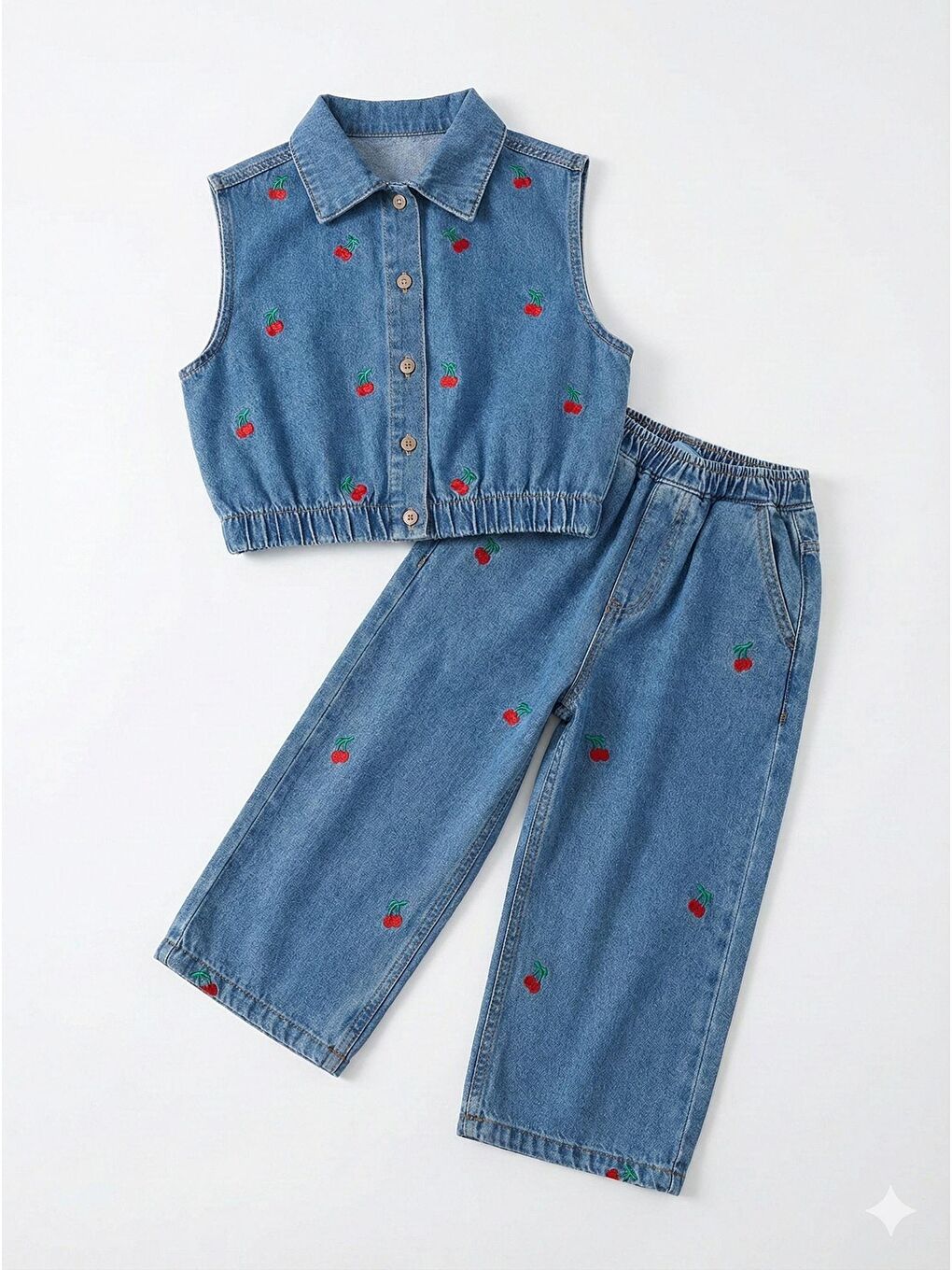 Kız Çocuk Pamuklu Mavi Kiraz Nakışlı Denim Takım - Kolsuz Gömlek Yaka & Geniş Paça Pantolon-2