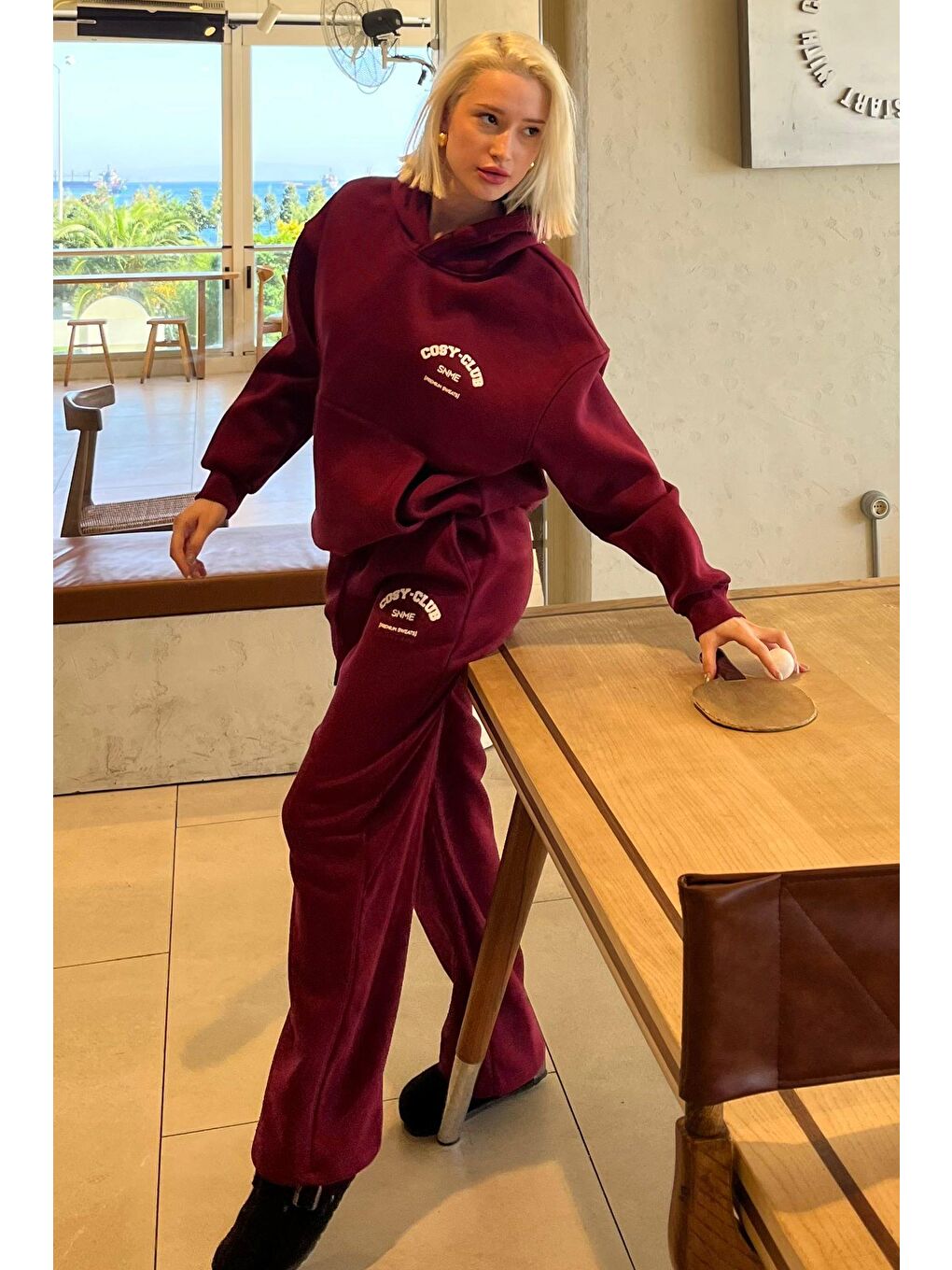 Bordo Kapüşonlu Baskılı Kadın Eşofman Takımı Mg2524-9