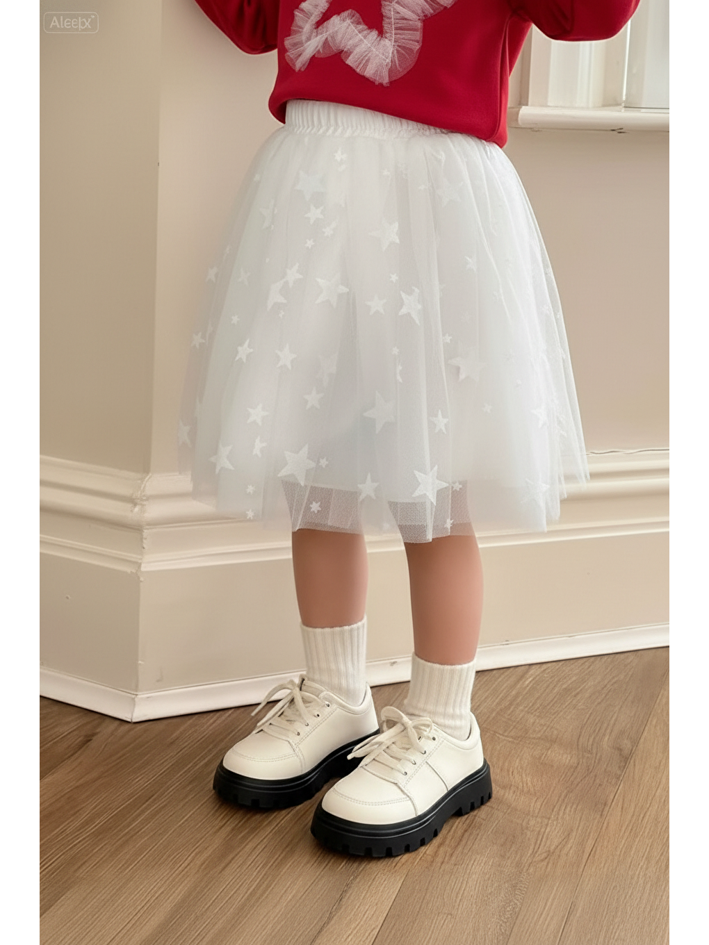 Kız Çocuk Pamuklu Kırmızı Yıldız Aplikeli Takım - Beyaz Tül Etekli 2'Li Set-1