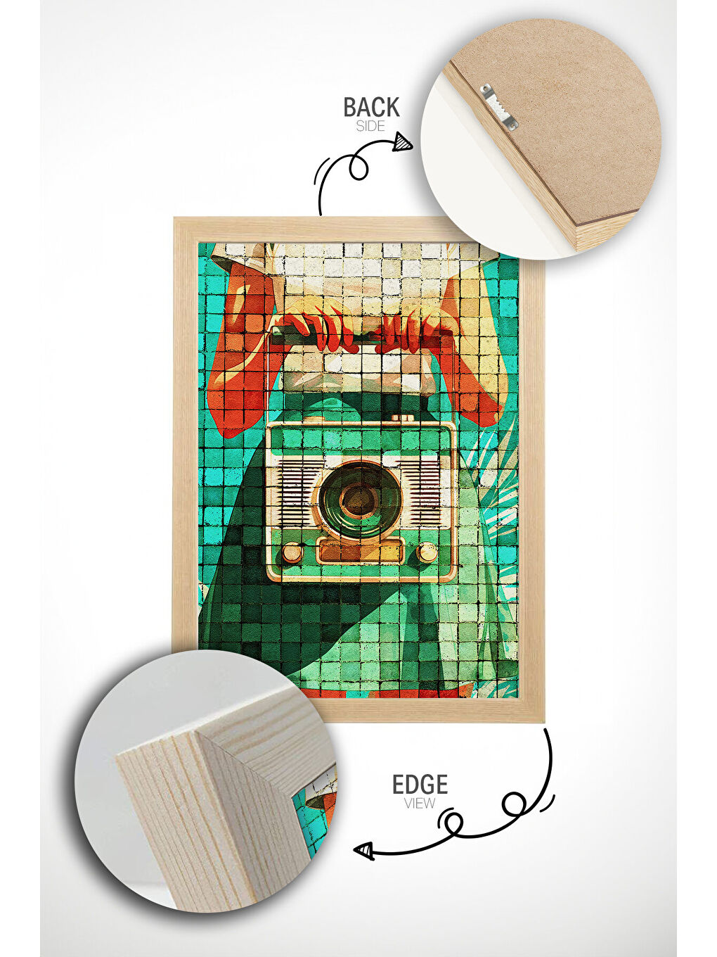 Beyaz Tek Parça Gerçek Ham Ahşap Çerçeveli Popart Mosaic Çizgili Tablo - Model 11 - POPMOSAIC11-3348-1