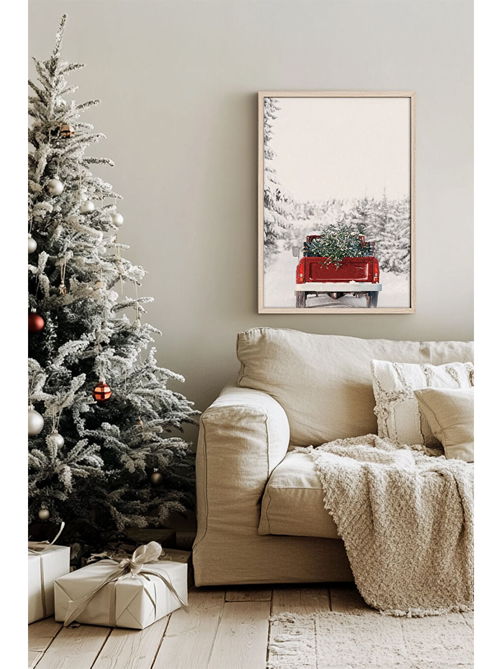 Beyaz Tek Parça Gerçek Ham Ahşap Çerçeveli Yılbaşı(New Year) Temalı Tablo - Model 73 - NWYEARSNGMDL73-5070-1