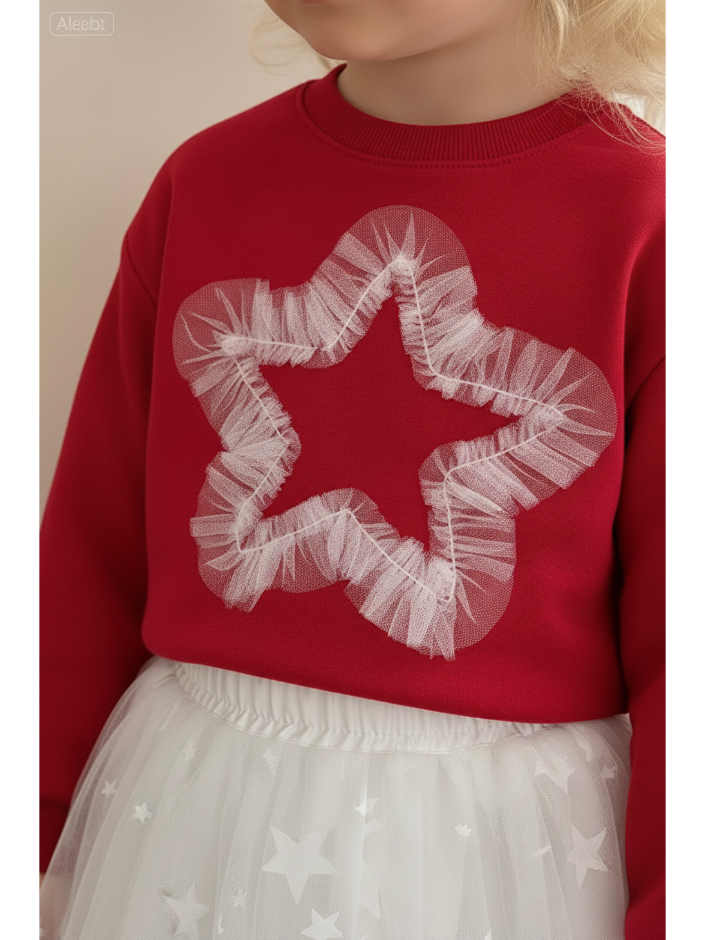 Kız Çocuk Pamuklu Kırmızı Yıldız Aplikeli Takım - Beyaz Tül Etekli 2'Li Set-2