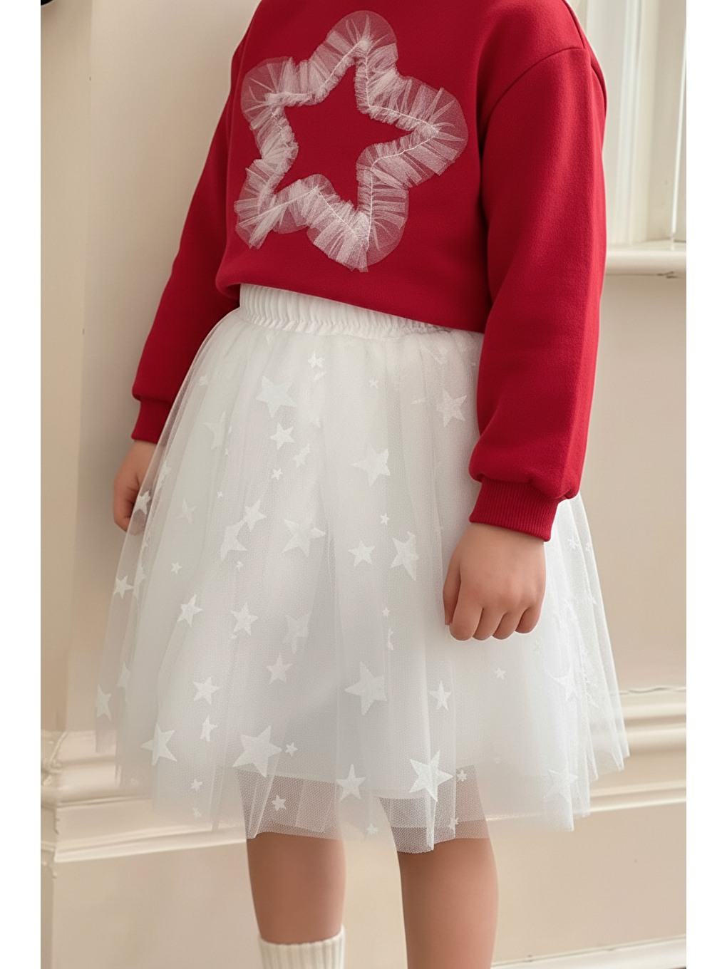 Kız Çocuk Pamuklu Kırmızı Yıldız Aplikeli Takım - Beyaz Tül Etekli 2'Li Set-3