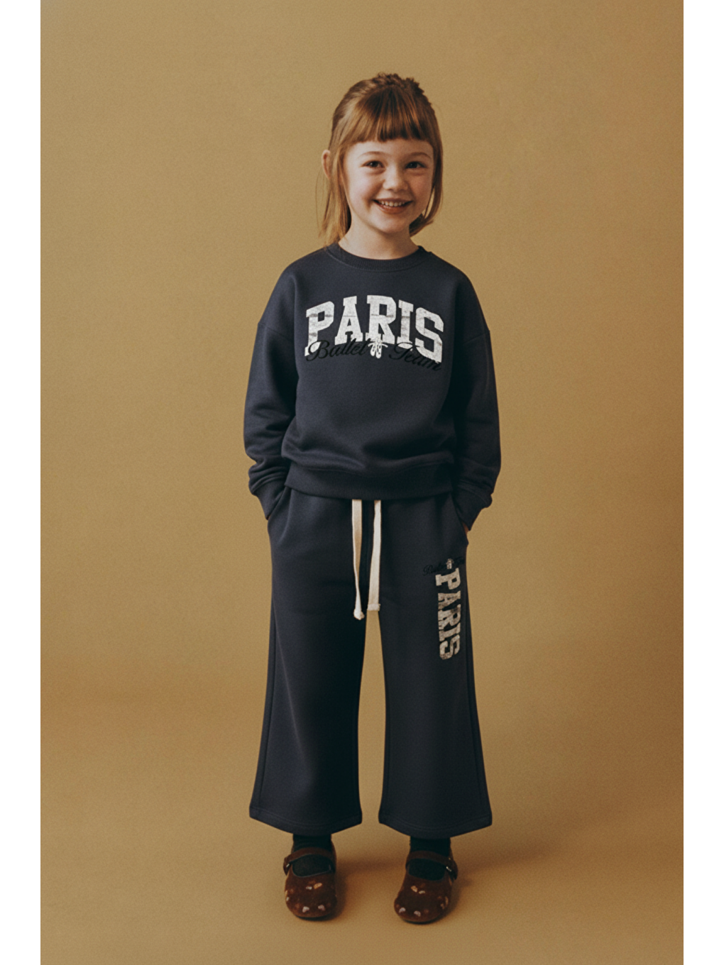 Siyah Kız Çocuk Pamuklu Lacivert Yazı Baskılı Eşofman Takım - Bisiklet Yaka Sweatshirt Pantolon 2'Li Set