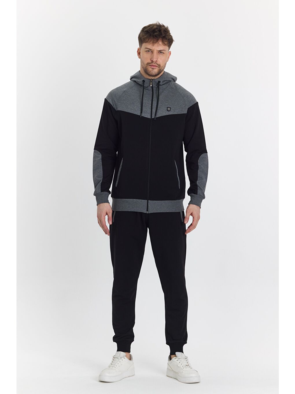 Pamuklu Kapüşonlu Siyah Erkek Eşofman Takımı 5294-S-1