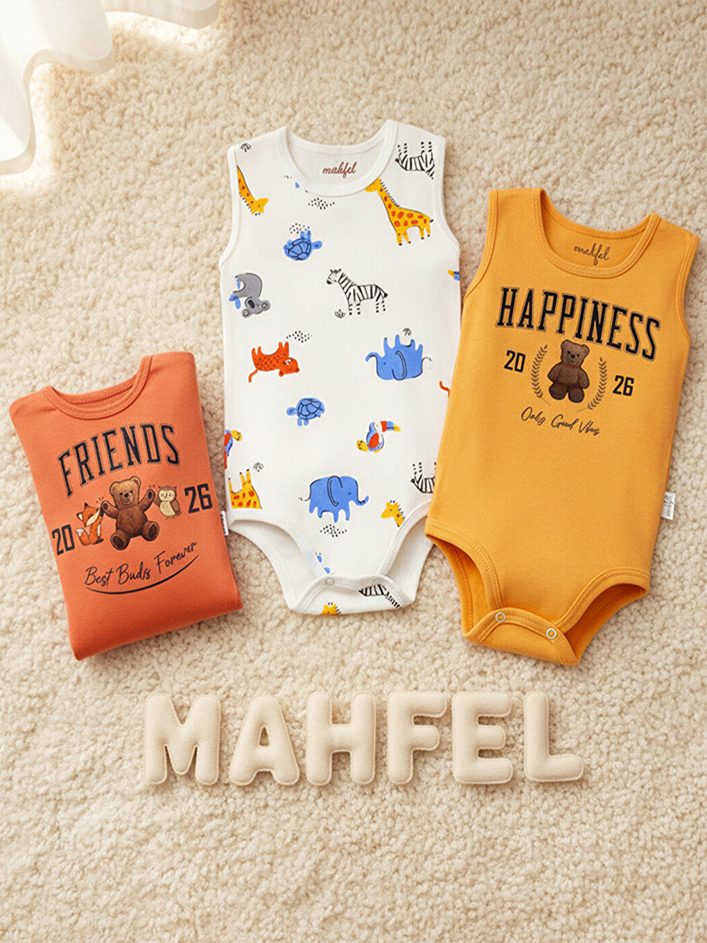 Turuncu %100 Pamuklu 3'lü Atlet Çıtçıtlı Bebek Body Zıbın 780-879-2