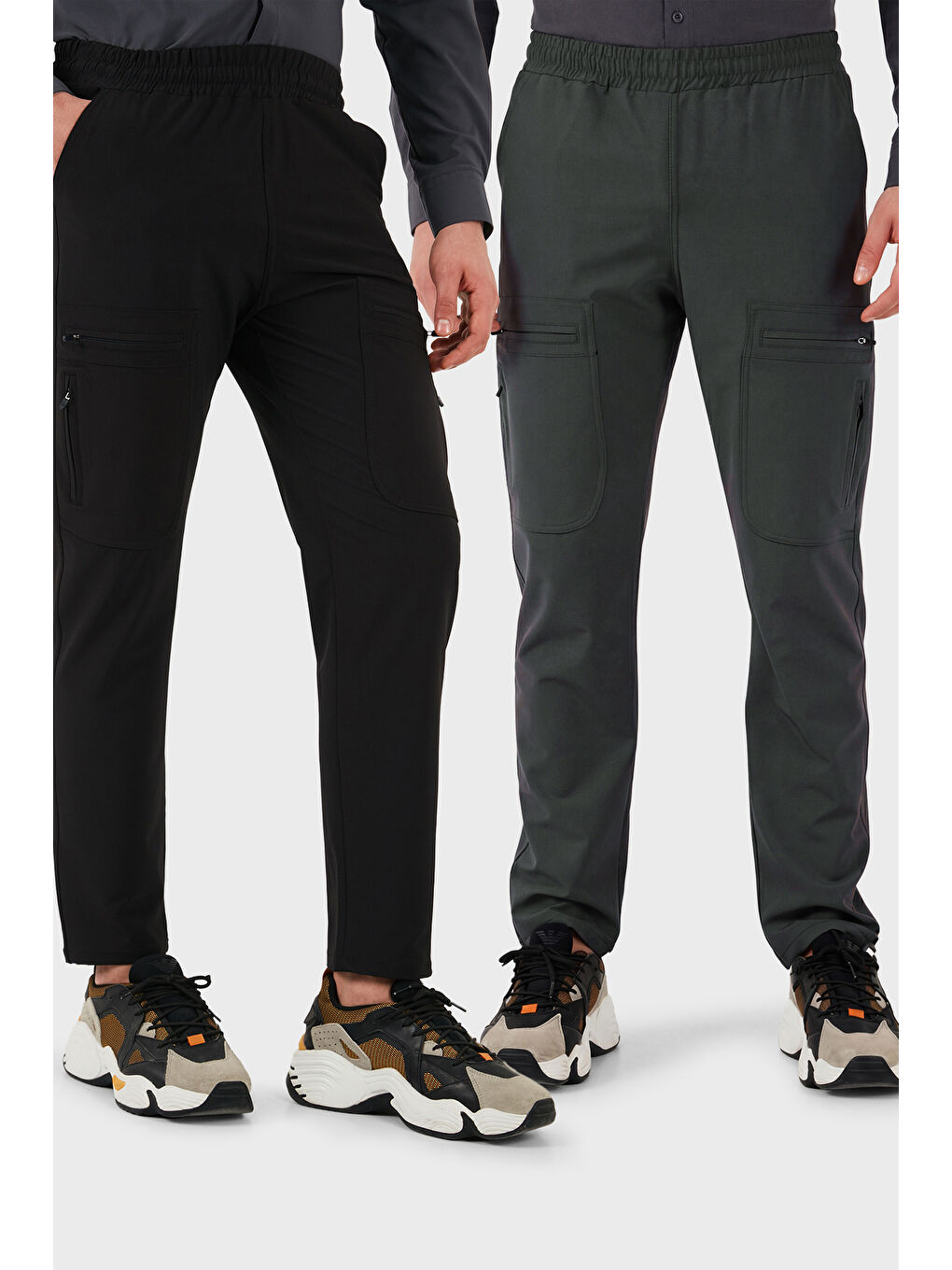 Siyah Normal Kalıp Kargo Cepli Lastikli Bel Trekking ve Kurye 2'li Paket Pantolon 693710S2