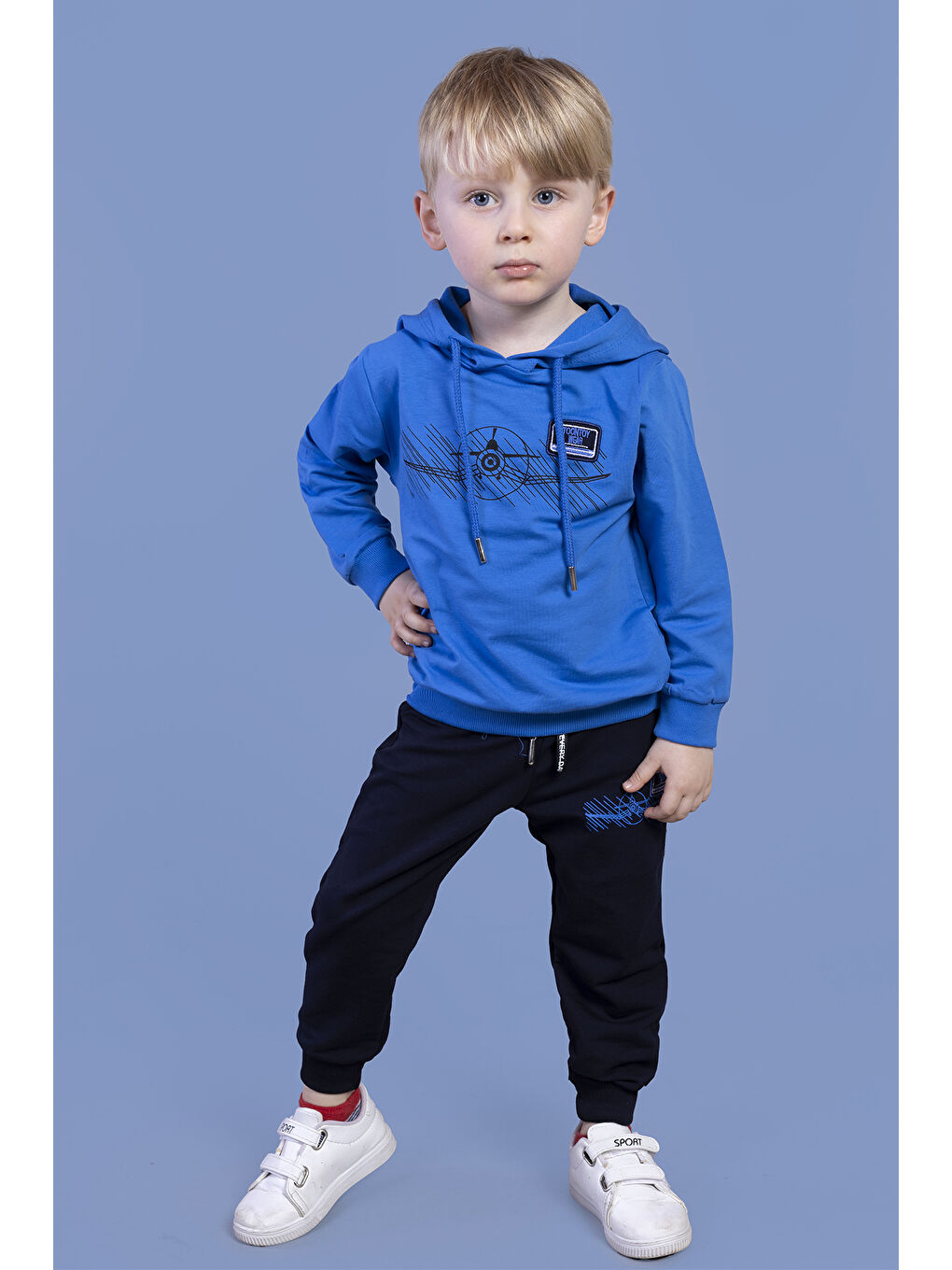 Mavi Erkek Çocuk Kapüşonlu Baskılı EşofmanTakımı