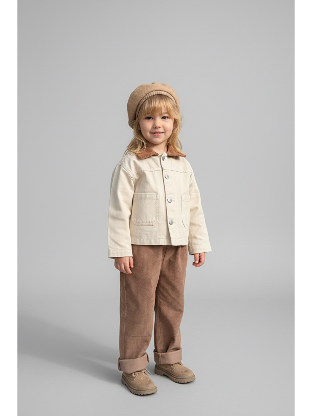 Beyaz Kız Çocuk Pamuklu Krem Düğmeli Ceket Takım - Kahverengi Kadife Pantolonlu 2'Li Set