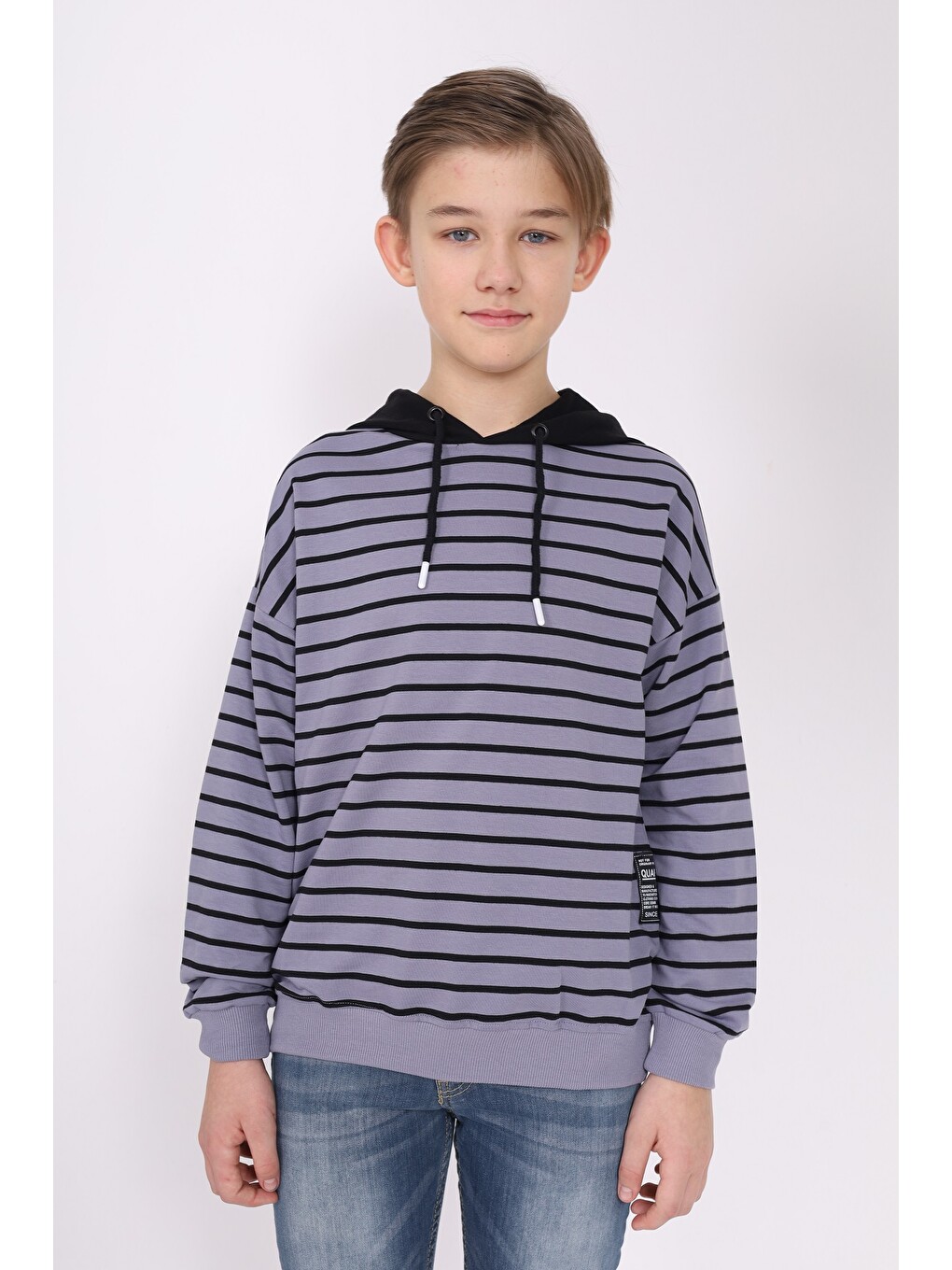 Gri Erkek Çocuk Çizgili Sweatshirt