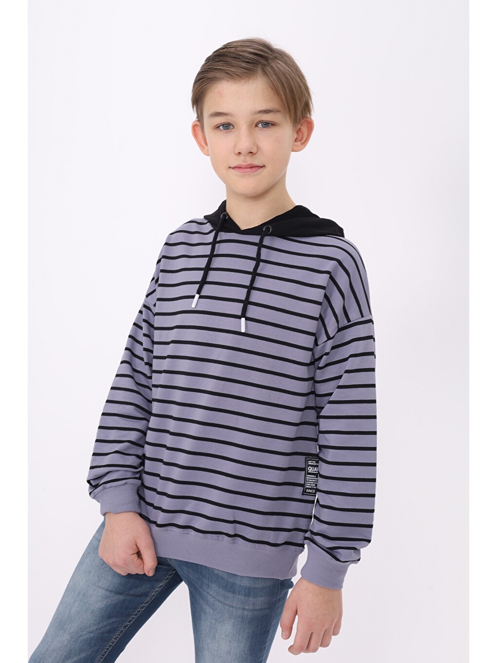 Gri Erkek Çocuk Çizgili Sweatshirt-2