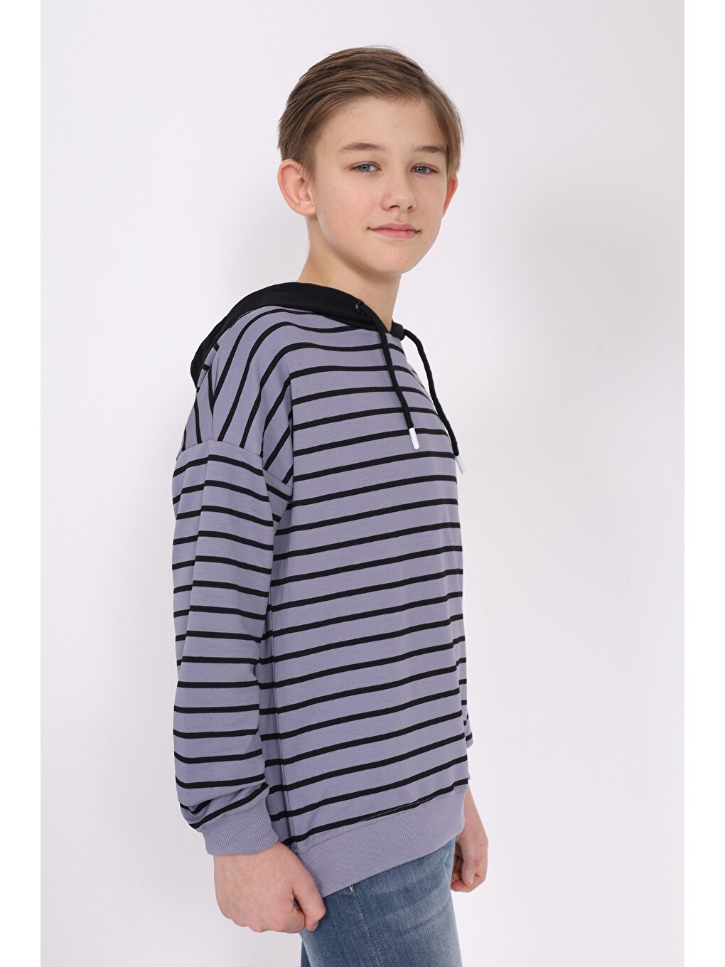 Gri Erkek Çocuk Çizgili Sweatshirt-3