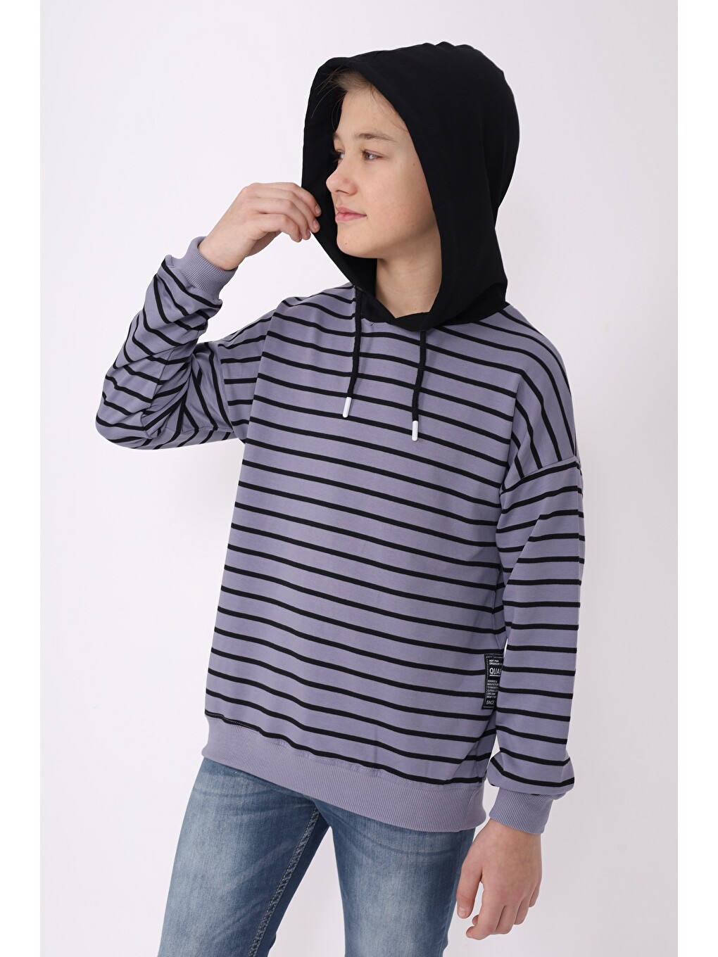 Gri Erkek Çocuk Çizgili Sweatshirt-4
