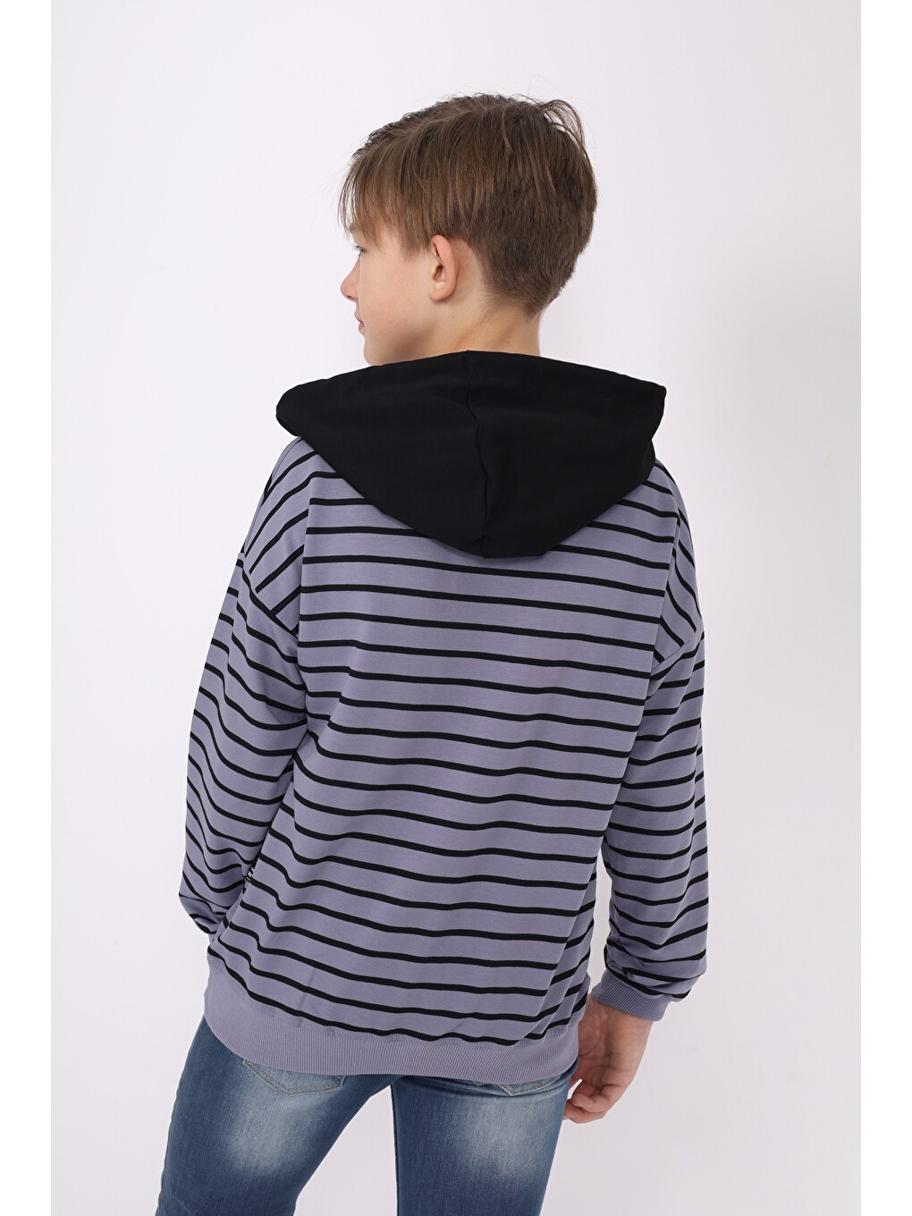 Gri Erkek Çocuk Çizgili Sweatshirt-5