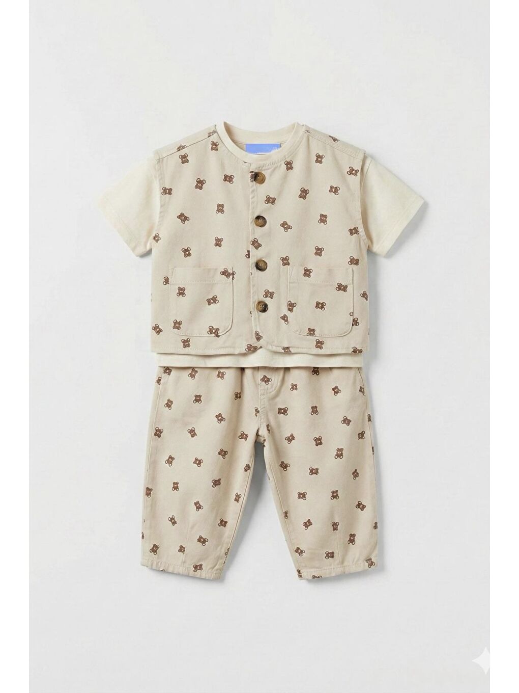 Unisex Çocuk Pamuklu Bej Ayıcık Desenli Düğmeli Cepli Yelek Pantolon Takım