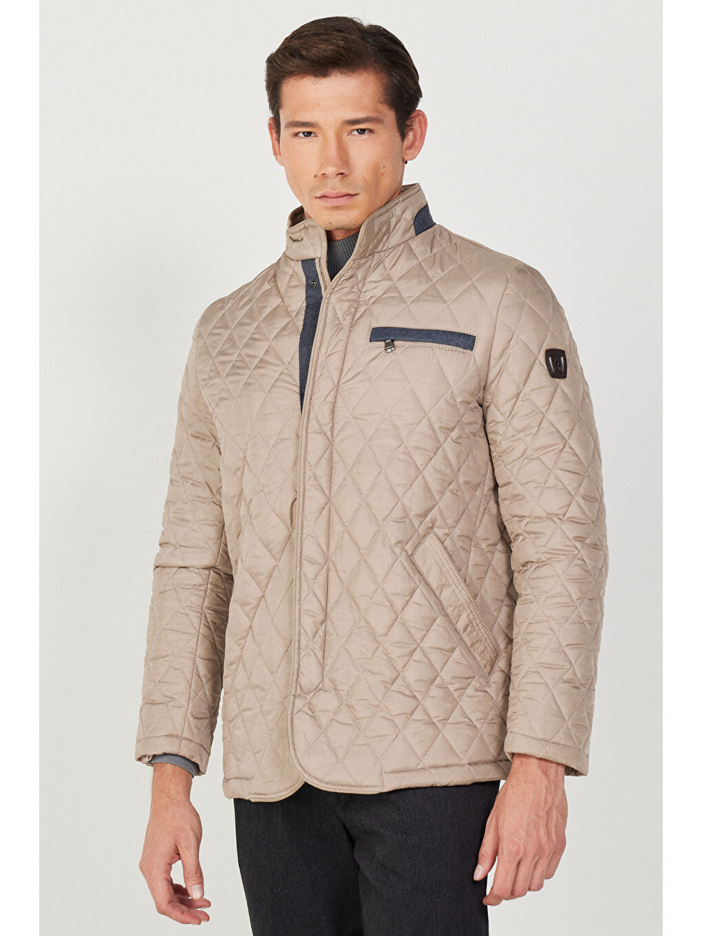 Erkek Bej Standart Fit Normal Kesim Dik Yaka Çıtçıtlı Dolgulu Desenli Overcoat-2