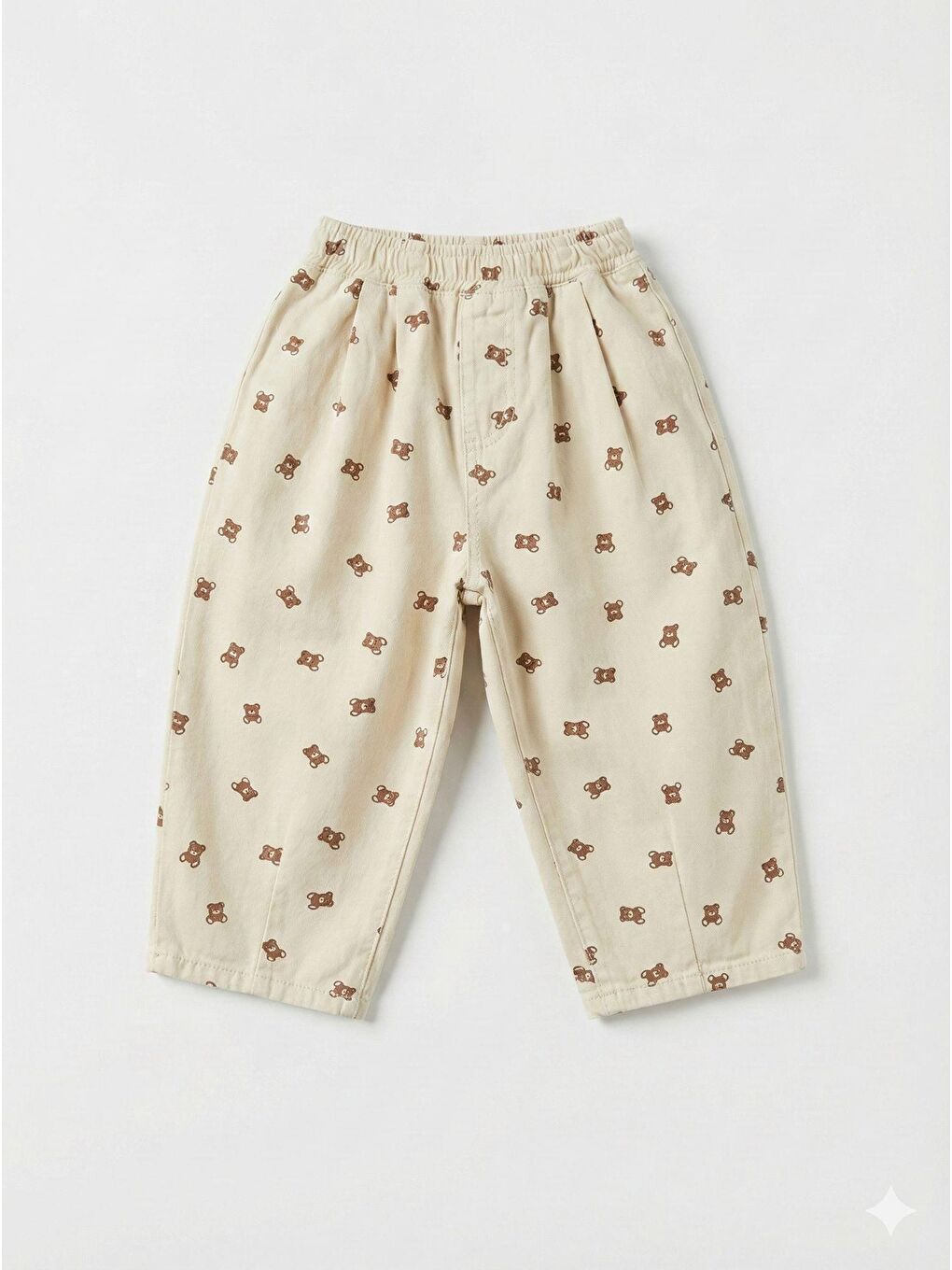 Unisex Çocuk Pamuklu Bej Ayıcık Desenli Düğmeli Cepli Yelek Pantolon Takım-1
