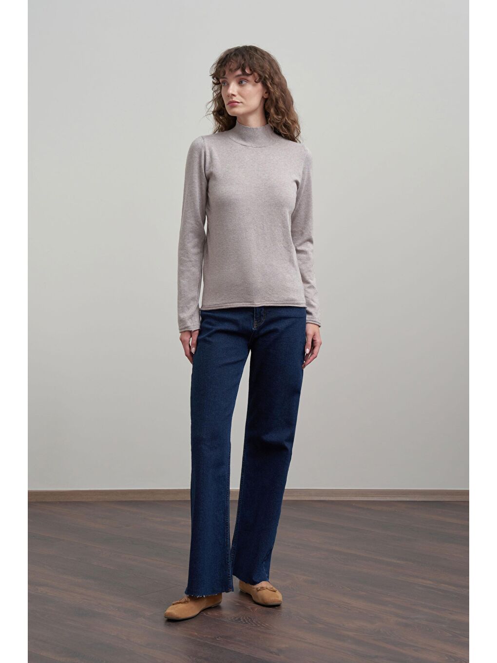 Bej Vizon-Yarım Balıkçı Uzun Kol Kazak-1